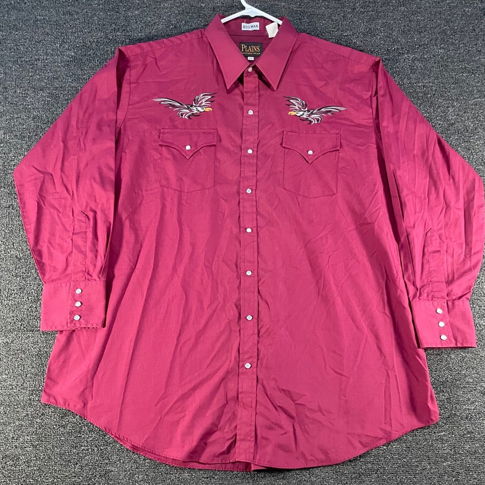 Plains Western Wear Shirt Mens 2X Burgundy Good Eagle Embroidery Pearl Snap